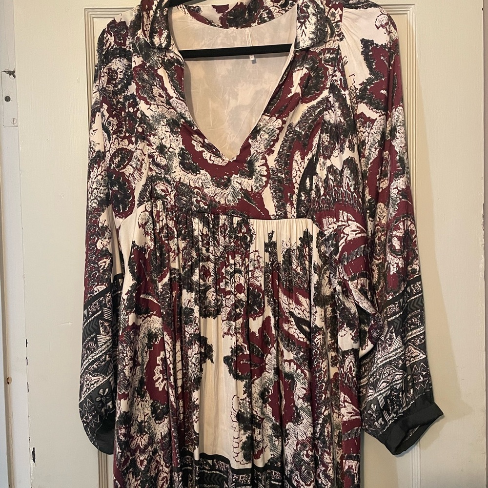 Free People Black and Cream Floral Long Sleeve Dress